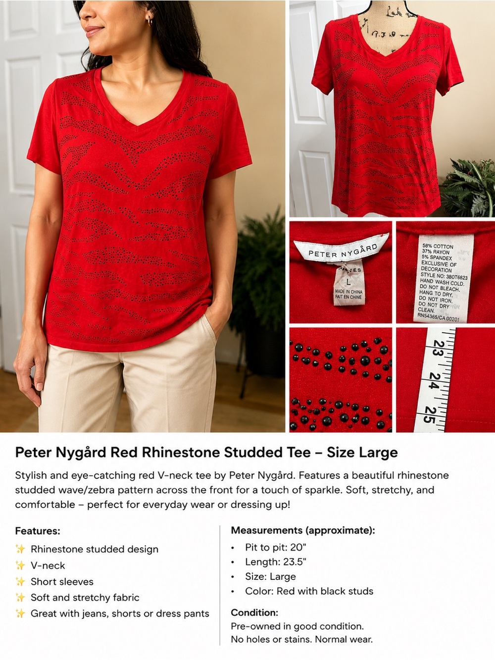 Peter Nygård Red Rhinestone Studded Tee – Size Large